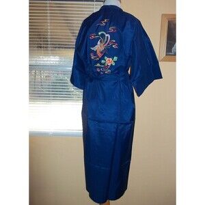 NOS Daffodil Label Vintage 60s Dragon Asian Blue Dacron Embroidered Robe M